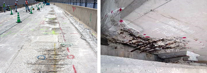写真1　舗装下のコンクリート床版の損傷例
写真2　桁端部に代表される狭隘部の損傷例