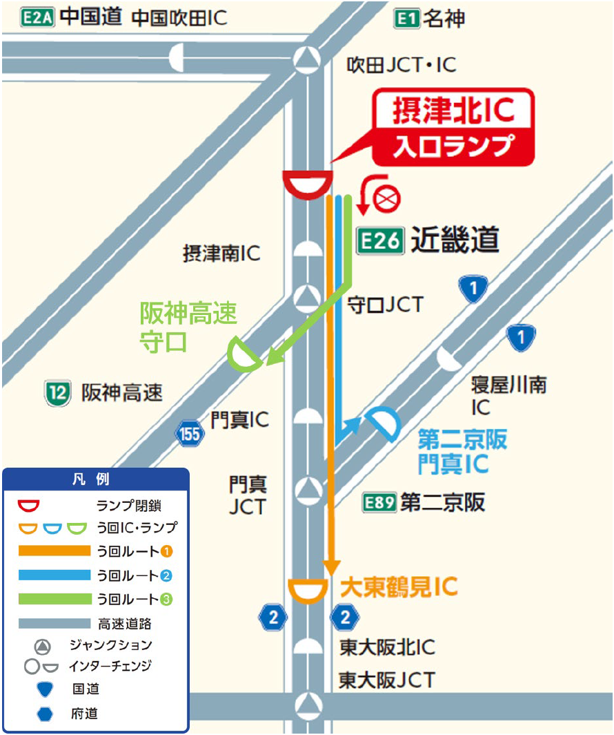 う回路案内図 摂津北IC入口（下り線：松原方面）