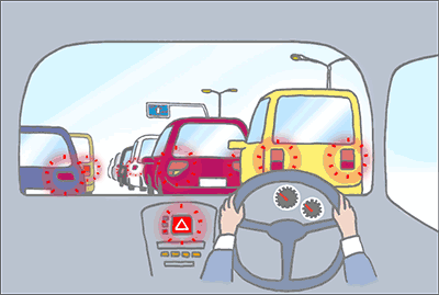 事故防止のため、ハザードランプ等を点灯し、後続車に合図をお願いします。