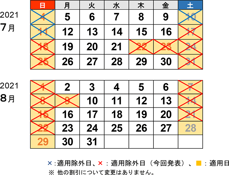 2021年8月22日までの休日割引適用日