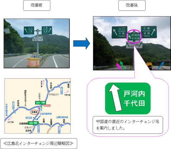 改善後
中国道の直近のインターチェンジ名を案内しました。