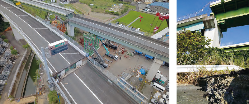 地震により大きな桁ずれが生じた妙見第一橋の全景と、路面の段差・崩壊状況