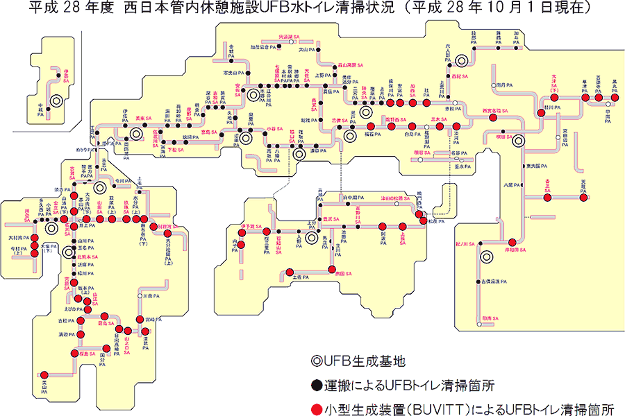 平成28年度　西日本管内休憩施設UFB水トイレ清掃状況　（平成28年10月1日現在）