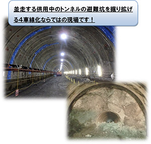 並走する供用中のトンネルの避難坑を掘り拡げる4車線化ならではの現場です！