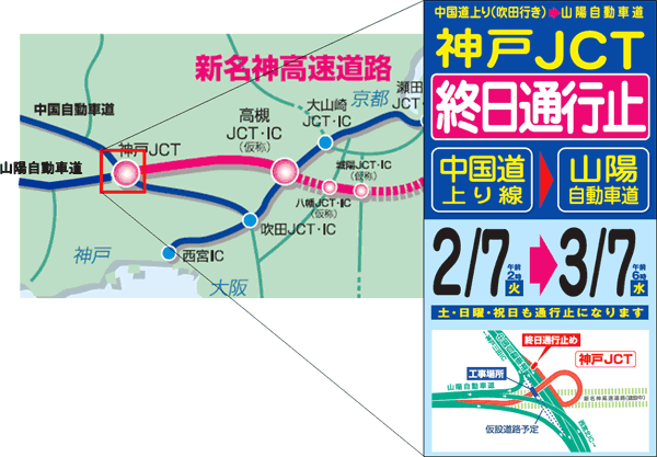 中国自動車道　神戸JCT　ランプ終日通行止