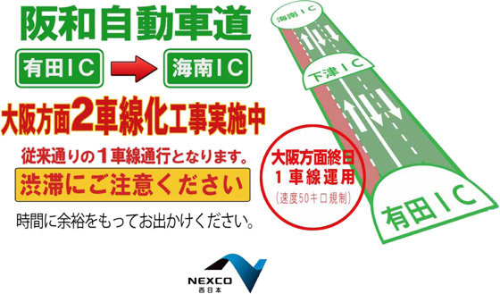 阪和自動車道　有田IC～海南IC大阪方面終日1車線運用（速度50キロ規制）