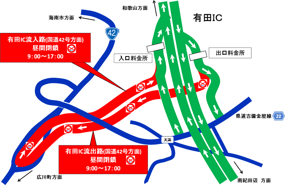 E42阪和自動車道　有田IC　昼間閉鎖