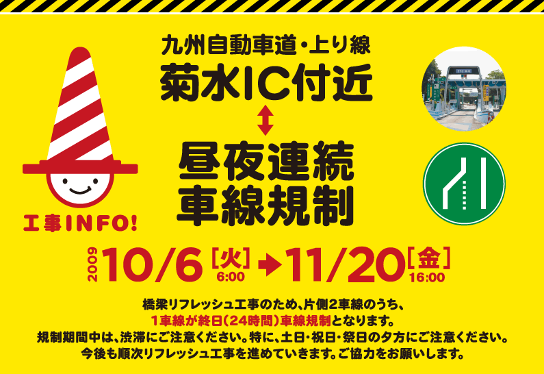 九州自動車・上り線　菊水IC付近　終日車線規制（昼夜連続） 2009年10月6日（火）6時～11月20日（金）16時　橋梁リフレッシュ工事のため、片側２車線のうち、１車線が終日（24時間）車線規制となります。規制期間中は、渋滞にご注意ください。今後も順次リフレッシュ工事を進めていきます。ご協力をお願いします。