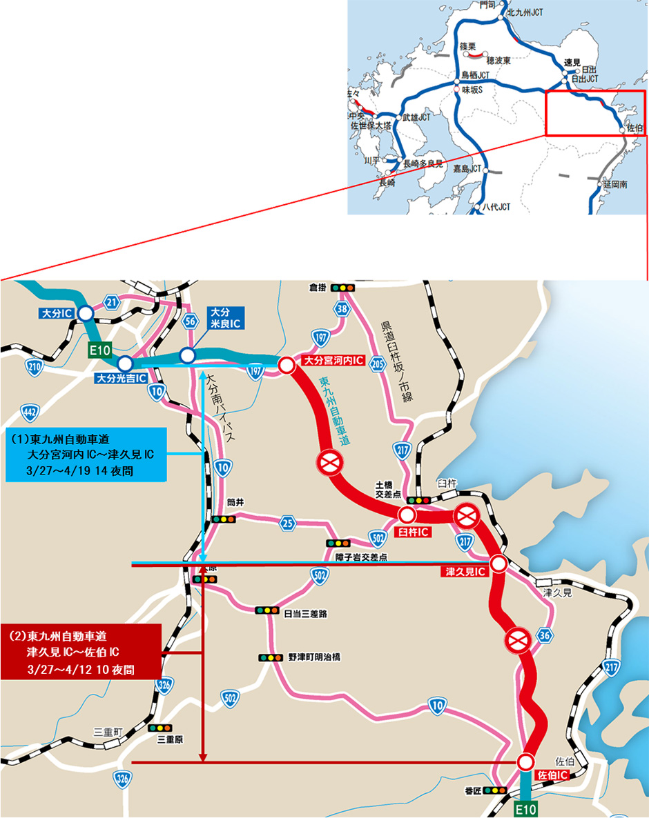 E10東九州自動車道 苅田北九州空港IC～日出JCT間､大分河内IC～佐伯IC間