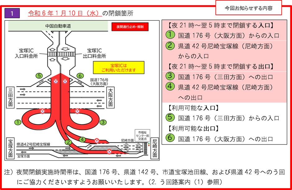 E2A中国自動車道（吹田JCT～神戸JCT）のリニューアル工事 宝塚IC夜間一