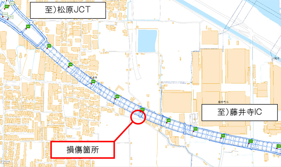 E25西名阪自動車道 藤井寺IC～松原JCT間（上り線）松原高架橋 路面損傷