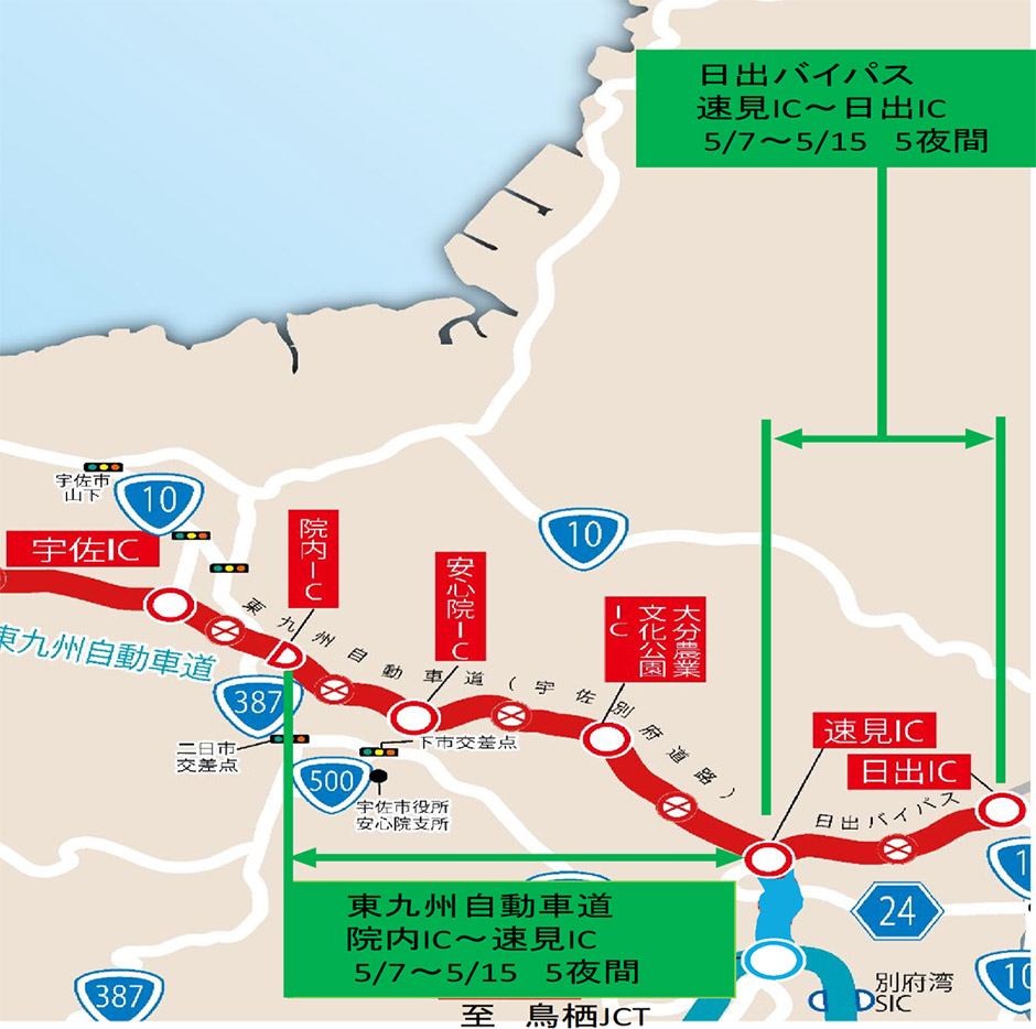 E10 東九州自動車道 院内(いんない)IC～速見(はやみ)IC、E97 日出(ひじ