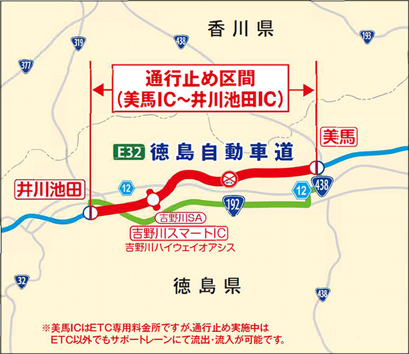 う回路（通行止め区間：美馬IC～井川池田IC 上下線）