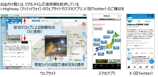 お出かけ前には、リアルタイム交通情報を提供しているi-Highway（アイハイウェイ）のウェブサイトやスマホアプリ、X（旧Twitter）のご確認を